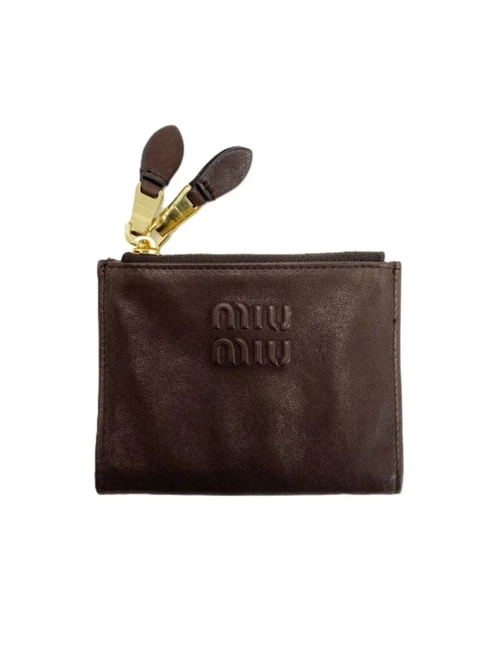 Miu Miu Nappa Leather Double Zipper Brown Bifold Wallet Gold